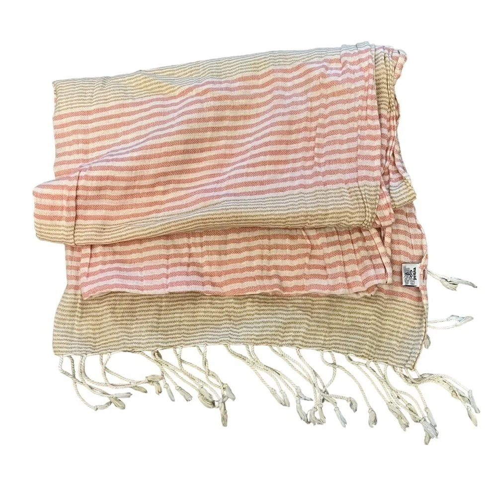 Prana Oversized Pink Tan & Cream Cotton Striped Scarf with Fringe